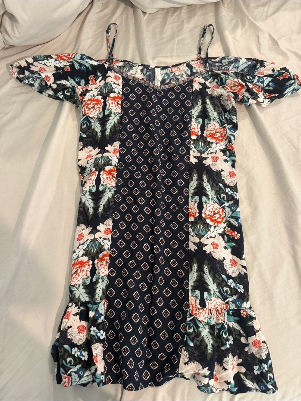 Xhilaration Navy Floral Cold-Shoulder Dress with Coral Accents